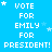 Blue background with white pixelated text reading "VOTE FOR EMILY FOR PRESIDENT!" repeated in a pattern, interspersed with small white stars