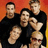 Pixelated group photo of five people on orange background with text elements.