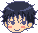 Pixelated anime-style character head with dark blue hair, light skin, and red cheeks in five variations showing eye expressions.