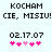Pixelated text displays 'KOCHAM CIE, MISIU!' above a date and pink heart symbols on light blue background.