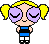 Pixel art character with yellow pigtails, purple glasses, blue top, white pants, black shoes on gray background.