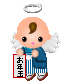 Pixelated angel figure with halo, wings, blue vest over striped pants holding vertical sign with Japanese text.