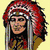 A pixelated image of a person wearing a red and white feathered headdress against a yellow background.