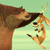 A pixelated brown bear head and neck extend from the left, holding a light brown deer by its antlers against a pale green background.
