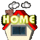 Animated house icon with 'HOME' text showing window changes across three frames, set against gray background with clouds and chimney.
