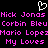 Pixelated text displays names and phrases in bright pink on black background with white heart symbol above.