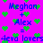 Pixelated image with bright purple background, green heart shapes scattered throughout, and blue text reading "Meghan + Alex = 4eva lovers" repeated twice.