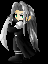 Pixelated character with long gray hair, green eyes, black outfit, and white shoulder accents in multiple poses.