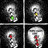 A four-panel grid shows a stylized character with changing facial features and colored accents against black backgrounds.