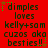 Red background with black text reading "dimps loves kelly+sam cuzos aka besties!!" and green star accents, displayed in a of six identical