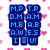 Pixelated blue text blocks spell out 'M.P T.P D.M A.M M.B A.B A.W E.S I U!' on a white background with pink heart shapes.