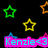 A static image with a black background featuring colorful star shapes and a pink banner with text.