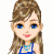 A pixelated character with brown hair and blue eyes wears a blue top and necklace, shown in three vertical with changing text and background elements