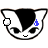 Pixelated cartoon cat head with black and white fur, blue teardrop on right cheek, white circular ear marking, and a small smile.