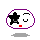 Pixelated circular icon with purple border, black star over left eye, U-shaped mouth, and red square or dot on lower face across four variations.