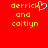 Red background with yellow pixelated text 'derrick and caitlyn' and a white heart symbol replacing the 'i' in 'derrick' on the left side.