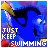 A blue fish with yellow fins and white eyes appears in a of four , each showing different text color variations on the phrase 'JUST KEEP SWIMMING' below it