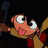 Pixelated anime-style character with wide eyes and open mouth holding a stick, next to stylized text on black background.