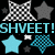 Pixelated icon with black background featuring checkered bows, gray stars, and cyan shapes surrounding "SHVEET! SHVEET!" text.