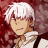 Pixelated anime-style character with white hair and light skin, wearing a white garment with dark straps, set against a red and brown pixelated background.