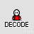 Pixel art character in red outfit with white head, performing sequential actions including arm movement and blue motion trails beneath a 'DECODE' text label.