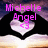 Pixelated image with pink text 'Michelle Angel' over a heart-shaped cloud, dark background with purple and blue hues.