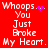 Red background displays white text "Whoops You Just Broke My Heart." with animated purple heart and dot patterns changing across four repeated sections.
