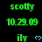 Green text 'scotty' and 'ily', blue heart symbols, and date '10.29.09' on black background with gray overlay in bottom-right corner.