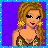 Pixel art contact sheet showing three frames of an animated AIM buddy icon featuring a blonde woman in various poses with text elements below each frame.