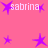 Pink background with purple star shapes and repeated white text 'sabrina' in pixelated font.