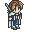 Pixel art character with brown hair and blue eyes in a white-and-blue outfit holding a staff, shown from multiple angles on gray background.