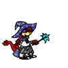 Animated sequence of a wizard character casting a spell, showing spellcasting animation with a blue star-shaped wand and expanding light effects.