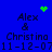 Blue background with repeated text "Alex & Christina 11-12-07" and green pixelated symbols including a heart, starburst, and scattered dots.