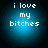 Four identical circular icons with blue gradient backgrounds display white pixelated text reading "i love my bitches" in three lines.