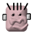 Pixelated pink face with black eyes, four vertical black spikes on top, and two silver rectangular side attachments against a gray background.