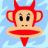 Pixelated cartoon monkey face with red features against a light blue background, static single-frame image.