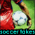A soccer player in a red jersey and blue shorts holds a white ball on green grass, with text overlays reading "soccer takes" and "BALLS".