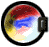Circular icon with black border and dark rectangular tab on right side, displaying abstract swirling colors including red, blue, yellow, green, and white