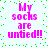Four identical pixelated text arranged in a on a light background with green dots, each displaying 'My socks are untied!!' in bright pink letters