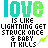 Pixelated text-based animation with two identical frames showing "love" and a lightning metaphor, each frame containing black pixelated text on white background with green cyan gradient letters and small green lightning bolts.