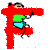 Six of a cartoon character in green shirt and blue shorts interacting with large red letter F shapes, showing climbing, hanging, jumping, and stretching poses