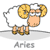 Animated contact sheet of seven Aries zodiac icon frames showing a cartoon ram with yellow curled horns, white wool, and brown legs in various poses on a gray background.