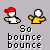 Pixel art animation of two characters with red hats and yellow/orange clothing performing bouncing actions, text changes from 'So bounce bounce' to 'c'mon bounce', then 'I said', ending with 'c'mon bounce!' on gray background.