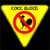 Yellow triangular warning sign with red prohibition symbol over a black silhouette of a rooster, top text reads 'COCK ROOST' in pixelated font.