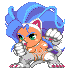 Pixelated character with blue hair, green eyes, and orange skin in a fighting stance holding white gloves.