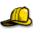Pixelated yellow firefighter helmet with black trim and dark brown accents on a white background, rendered in low-resolution 256x256 pixels.