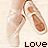 A four- shows ballet shoes with a foot in each ; the word 'LOVE' appears below two