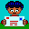 Pixelated character with dark blue hair and brown skin holds a white sign with red and blue squares, standing on green grass against cyan background.