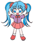 Six views of a blue-haired anime-style character with red hair ties, purple top, pink skirt, and red shoes against gray background.