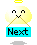 Four pixel art frames of a yellow angelic character with wings and halo, each holding crossed sticks above a blue 'Next' sign on gray background.